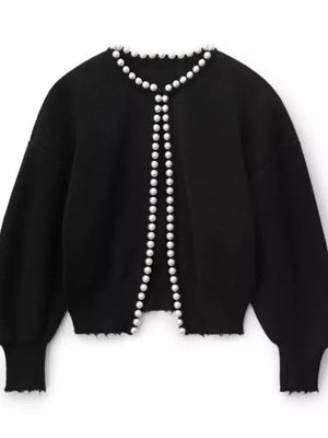White with Pearl Trimmed Open Front Cardigan