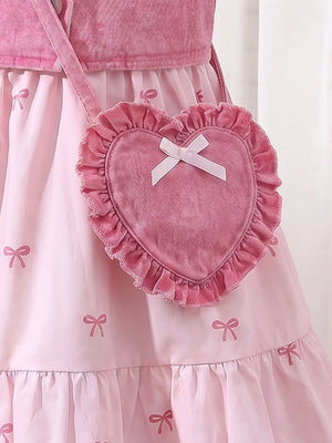 Pink with Children's Bow Print Puff Sleeve Dress Set