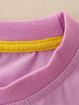 Toddler crew neck t-shirt in lavender cotton blend with yellow trim detail.