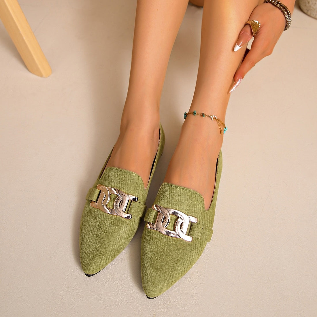 loafers in sage green featuring pointed-toe and flat fit