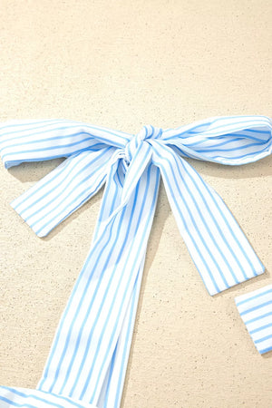 Blue and white striped camisole top with tie straps and matching shorts.