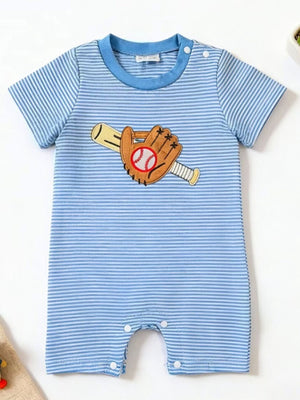 Blue striped baby bodysuit with baseball glove and bat embroidery