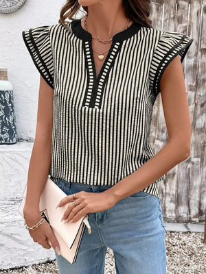 Black and white vertical stripe blouse with ruffle sleeves and V-neck