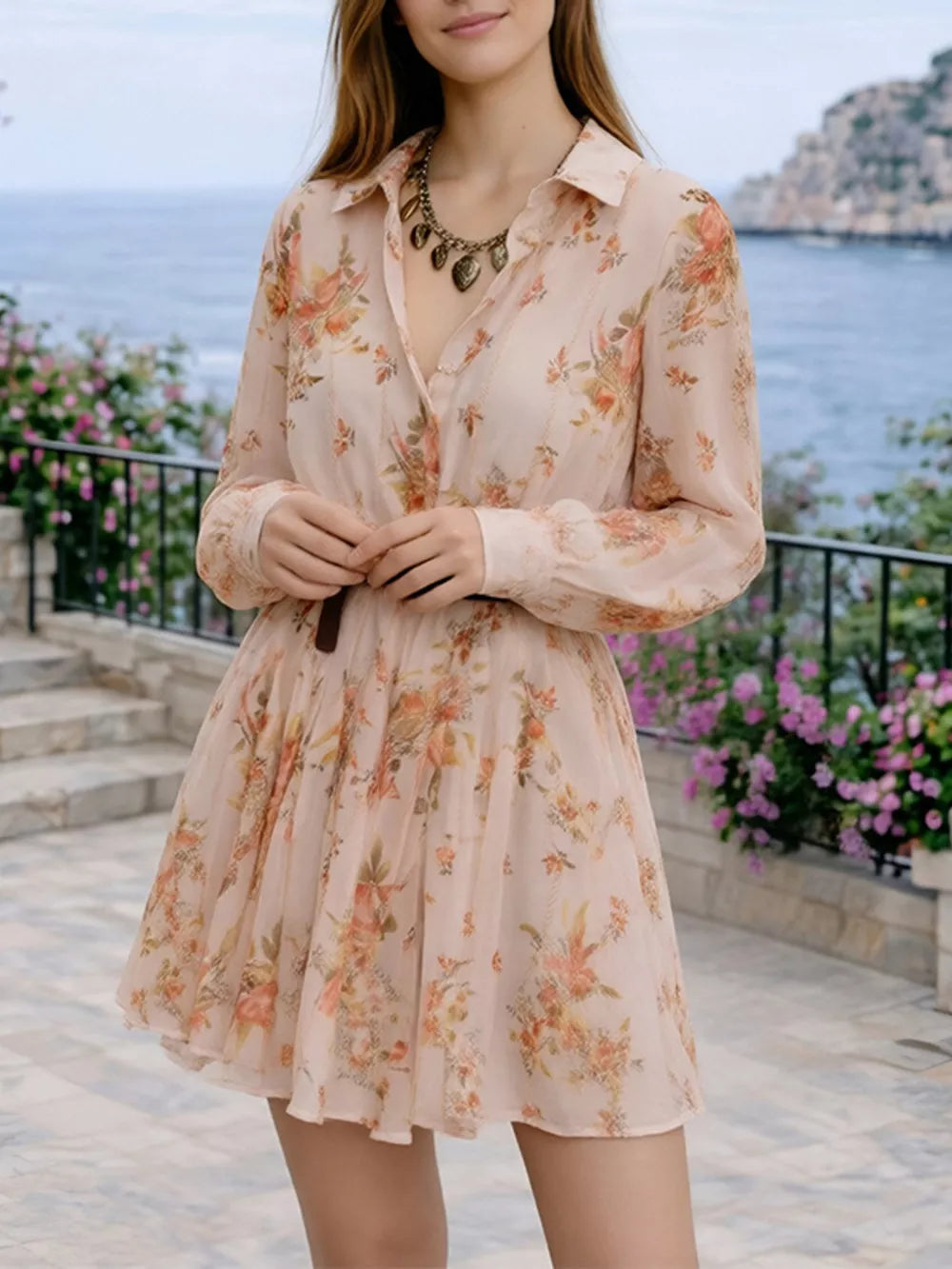 peach shirt dress featuring buttoned and floral