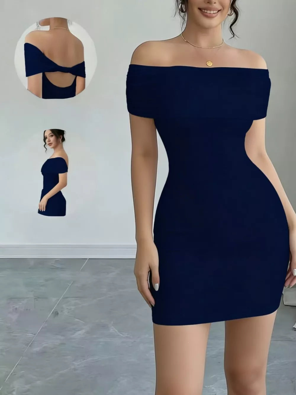Navy blue bodycon mini dress with off-the-shoulder neckline and draped back detail.