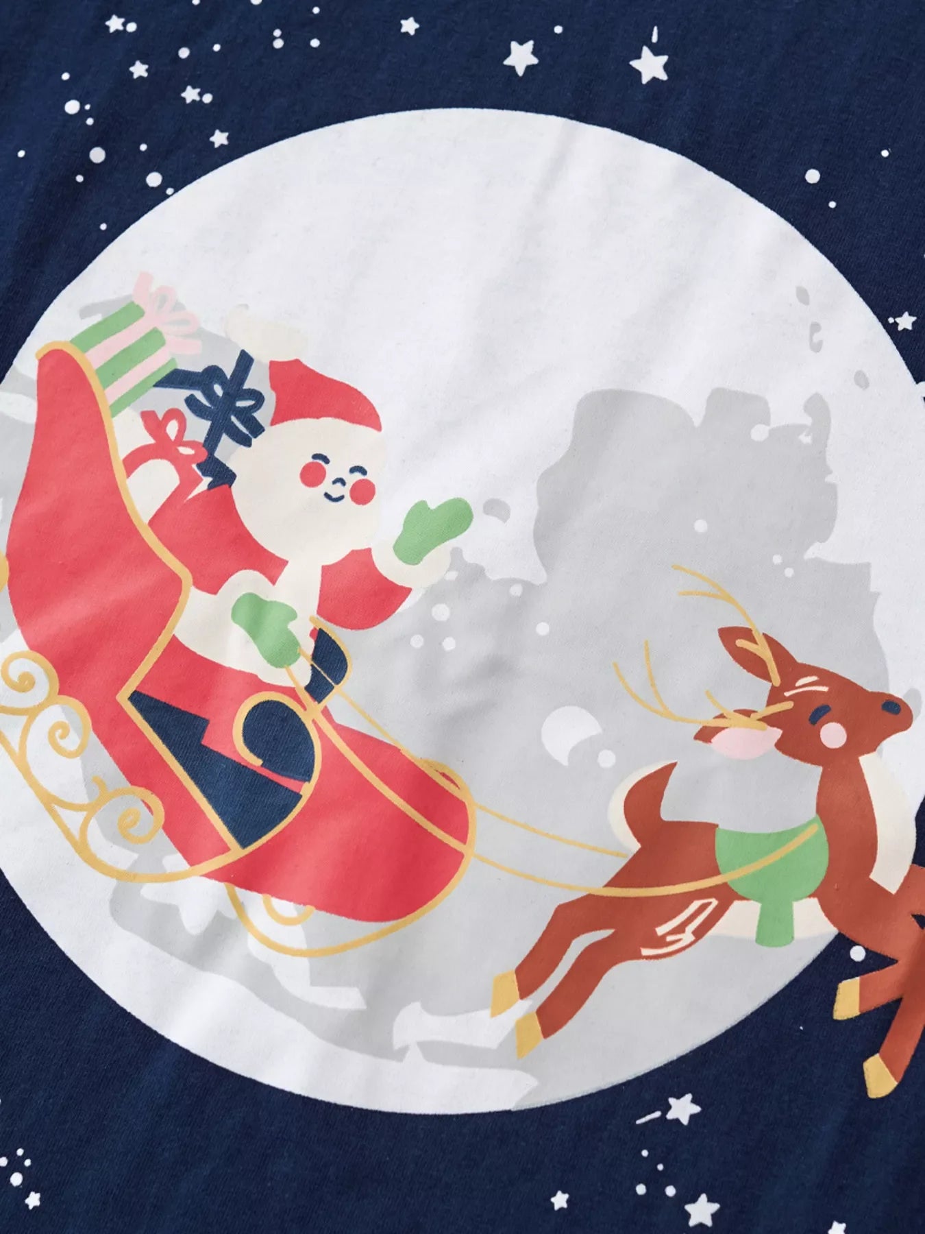 Dark Navy long-sleeve tee with Santa in a sleigh pulled by a reindeer against a moon and starry sky.