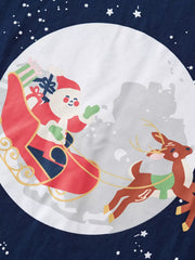 Dark Navy long-sleeve tee with Santa in a sleigh pulled by a reindeer against a moon and starry sky.