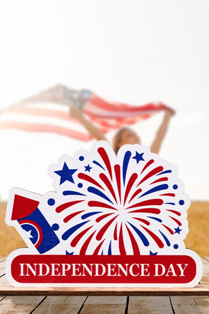 Patriotic Americana wooden tabletop decor with fireworks and Independence Day text.