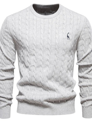 Gray cable knit crewneck sweater with embroidered giraffe detail.