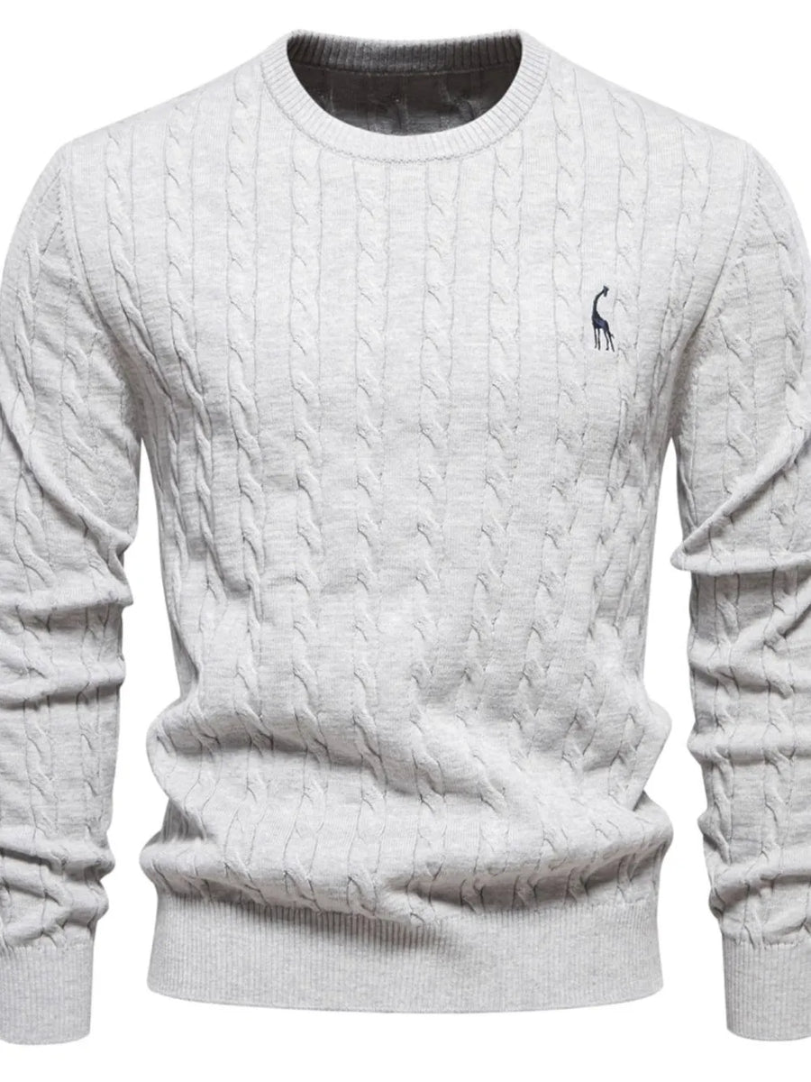 Gray cable knit crewneck sweater with embroidered giraffe detail.