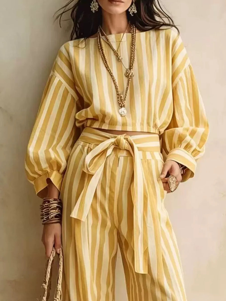 Striped Long Sleeve Cropped Top And Pants Set in Light Blue