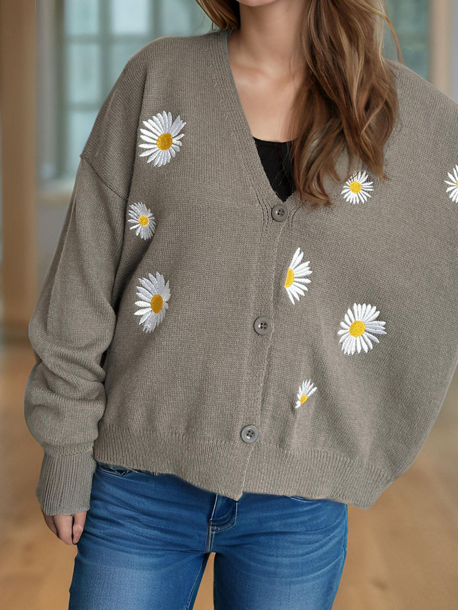 Gray oversized knit cardigan with embroidered daisies, button front, V-neck
