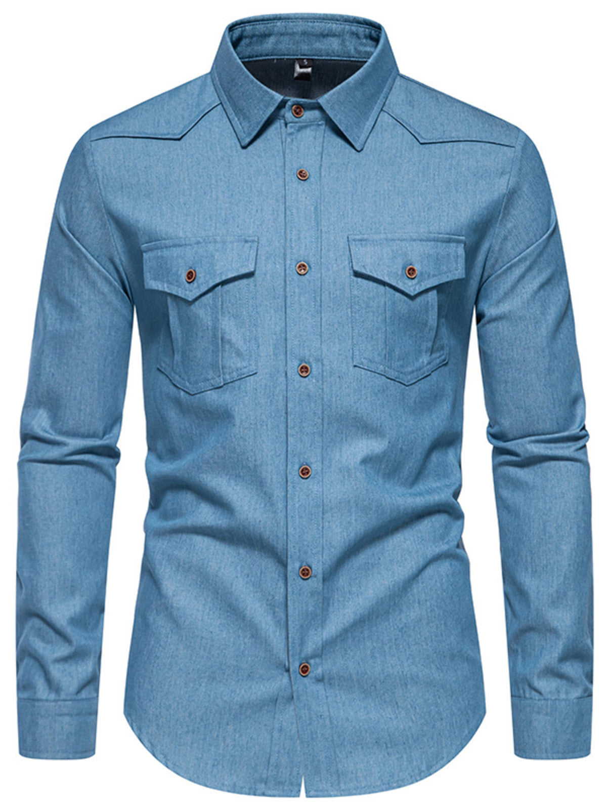 Light blue cotton denim shirt with button-down front and two chest pockets.