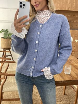 cardigan in periwinkle featuring button-front and regular fit