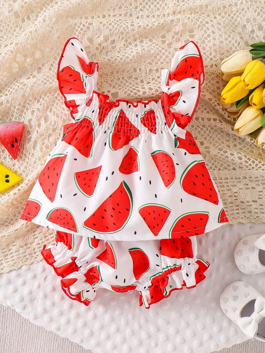 Watermelon Children's Ruffled Printed Tank And Shorts Set