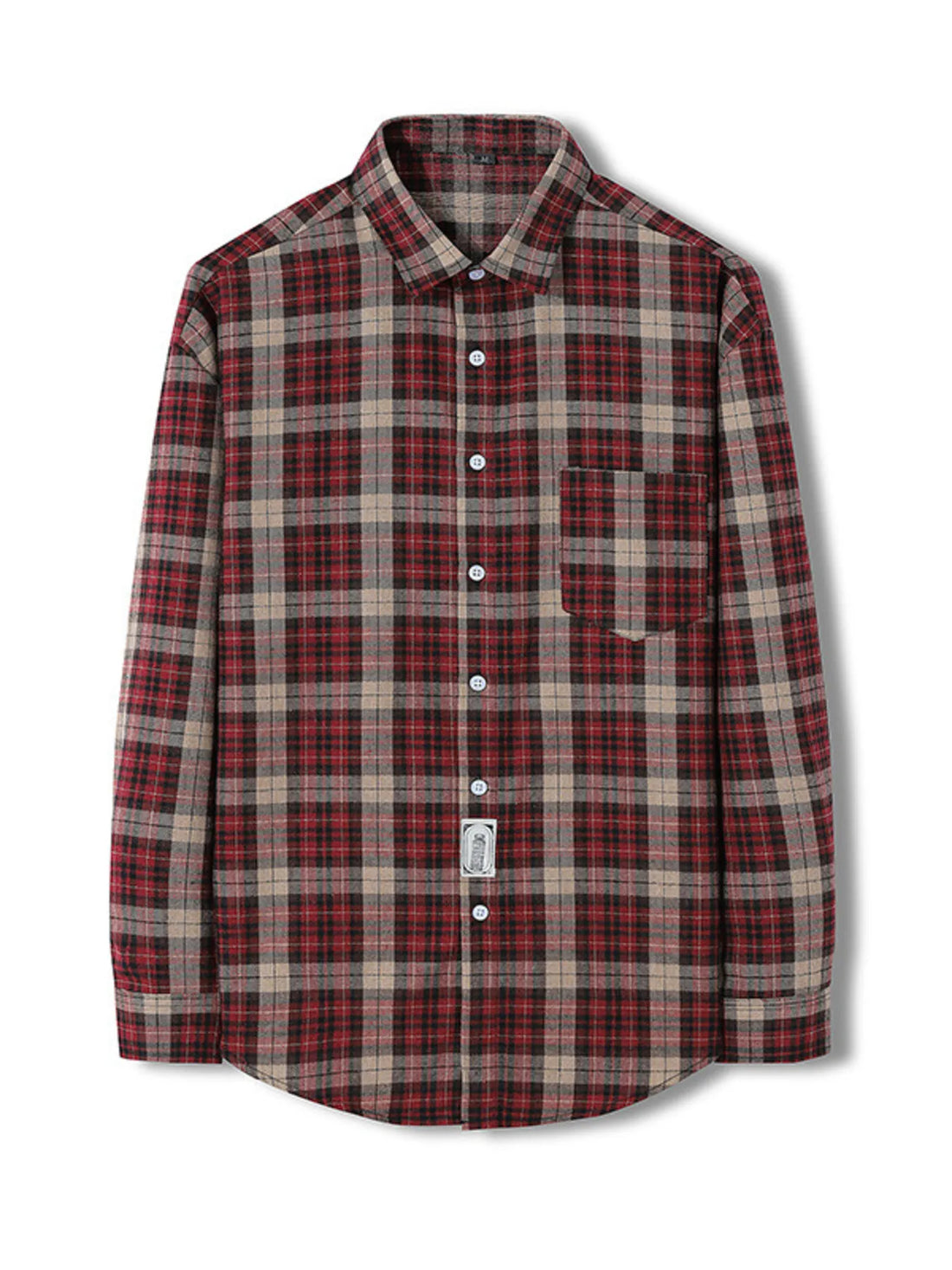 Classic red and brown plaid long-sleeve button-up shirt with chest pocket
