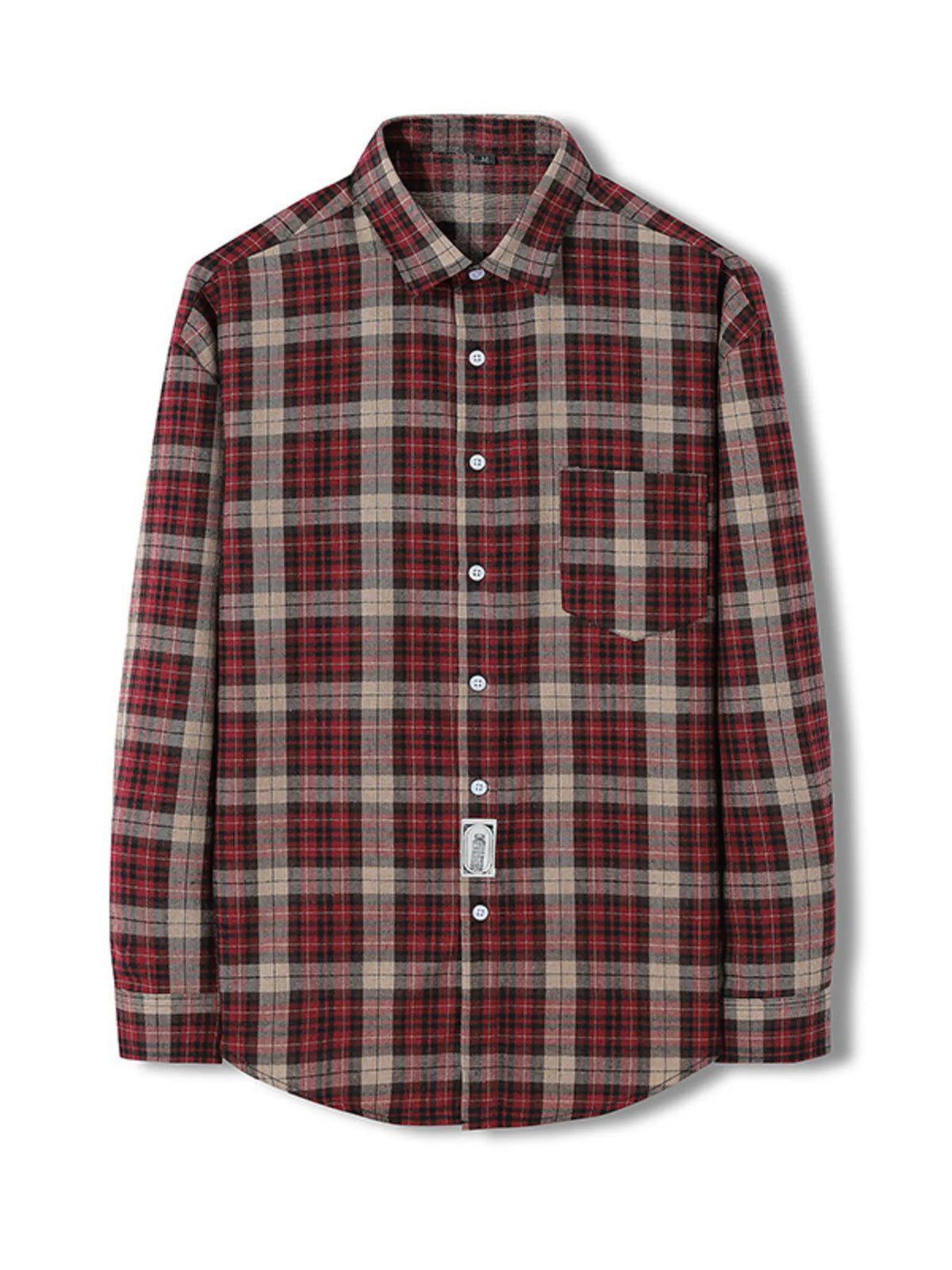 Classic red and brown plaid long-sleeve button-up shirt with chest pocket