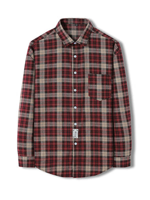 Classic red and brown plaid long-sleeve button-up shirt with chest pocket