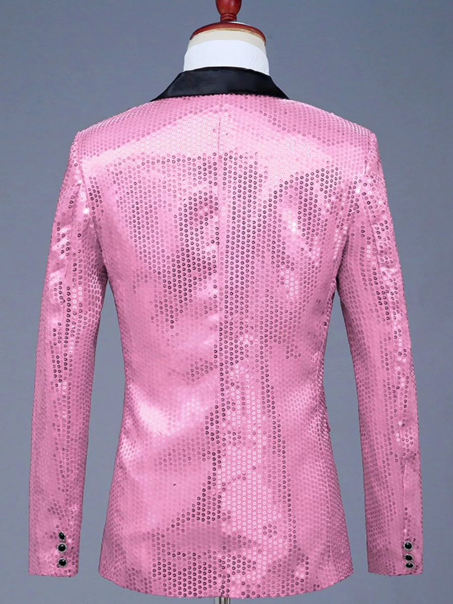 Men's pink sequin tuxedo blazer with black lapel and button cuffs.