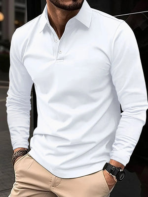 White long sleeve polo shirt with button placket and collar.