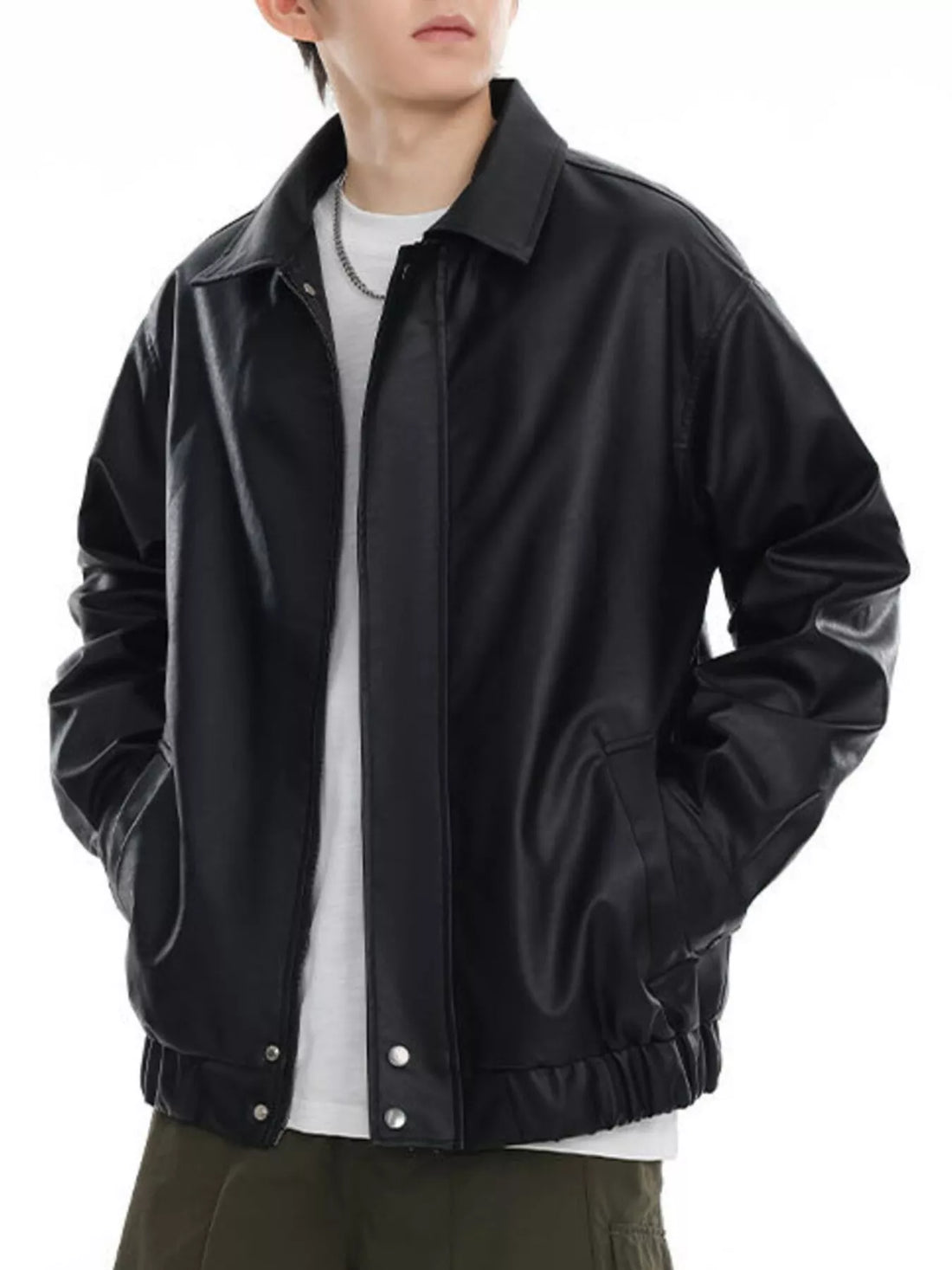 Black faux leather bomber jacket with collar and elastic cuffs