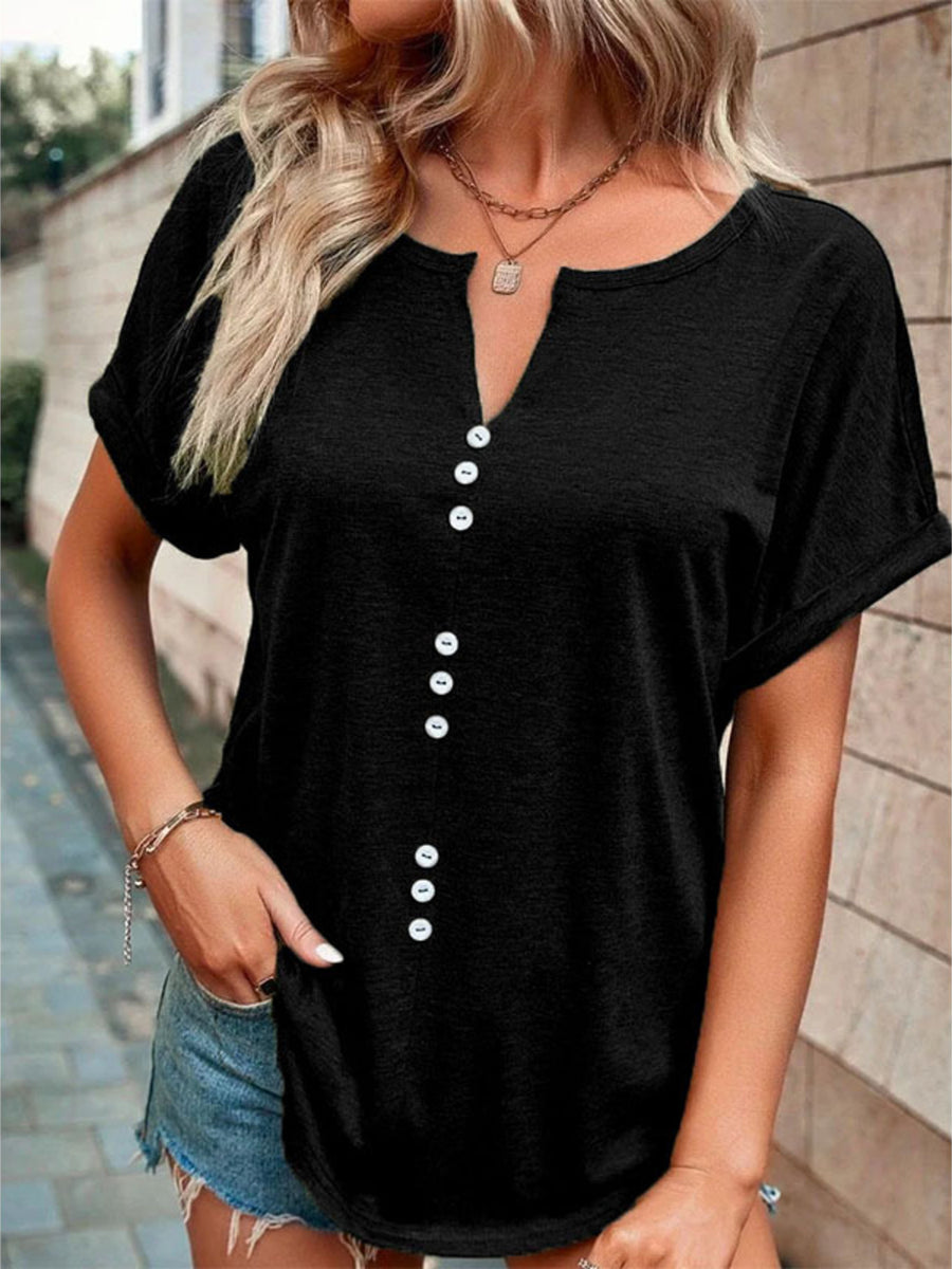 Black short sleeve t-shirt with V-neck and decorative buttons