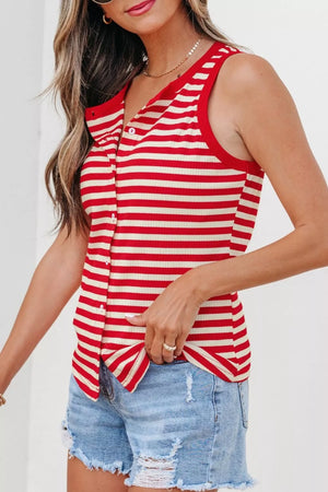 Red and cream striped ribbed knit tank top with button detail