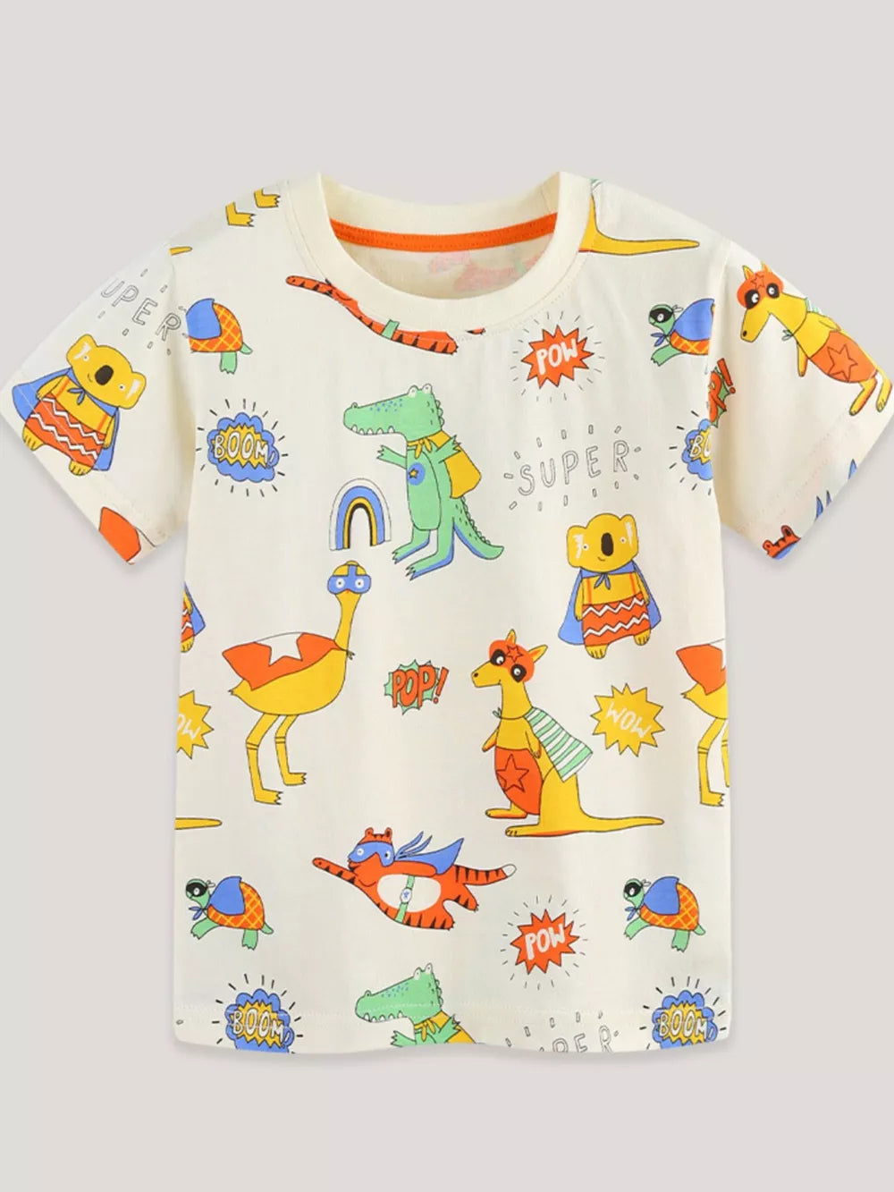 Children's beige crew neck t-shirt with all-over cartoon animal superhero print.