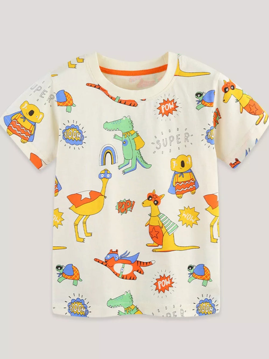 Children's beige crew neck t-shirt with all-over cartoon animal superhero print.