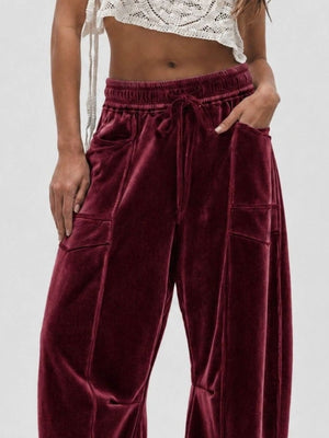 wide-leg pants in Wine Red with drawstring waist and full-length