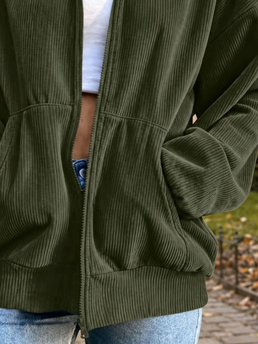 Gray bomber jacket with zipper and long sleeve