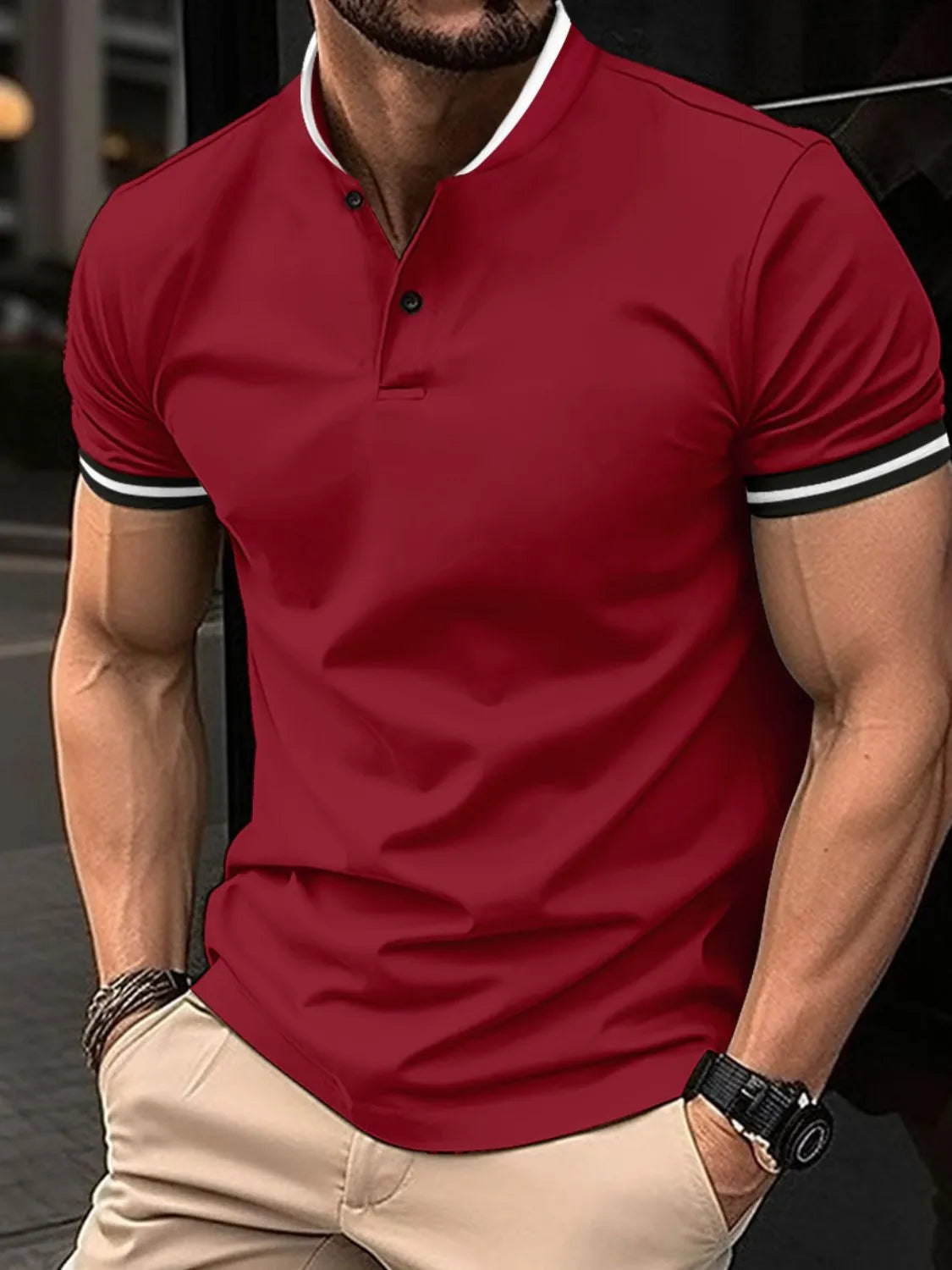 Scarlet polo shirt with mandarin collar and contrast trim on sleeves and neckline