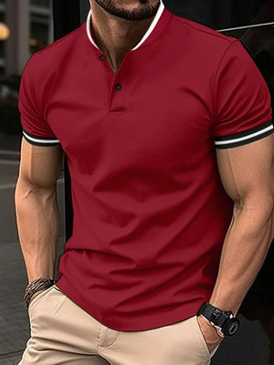 Scarlet polo shirt with mandarin collar and contrast trim on sleeves and neckline