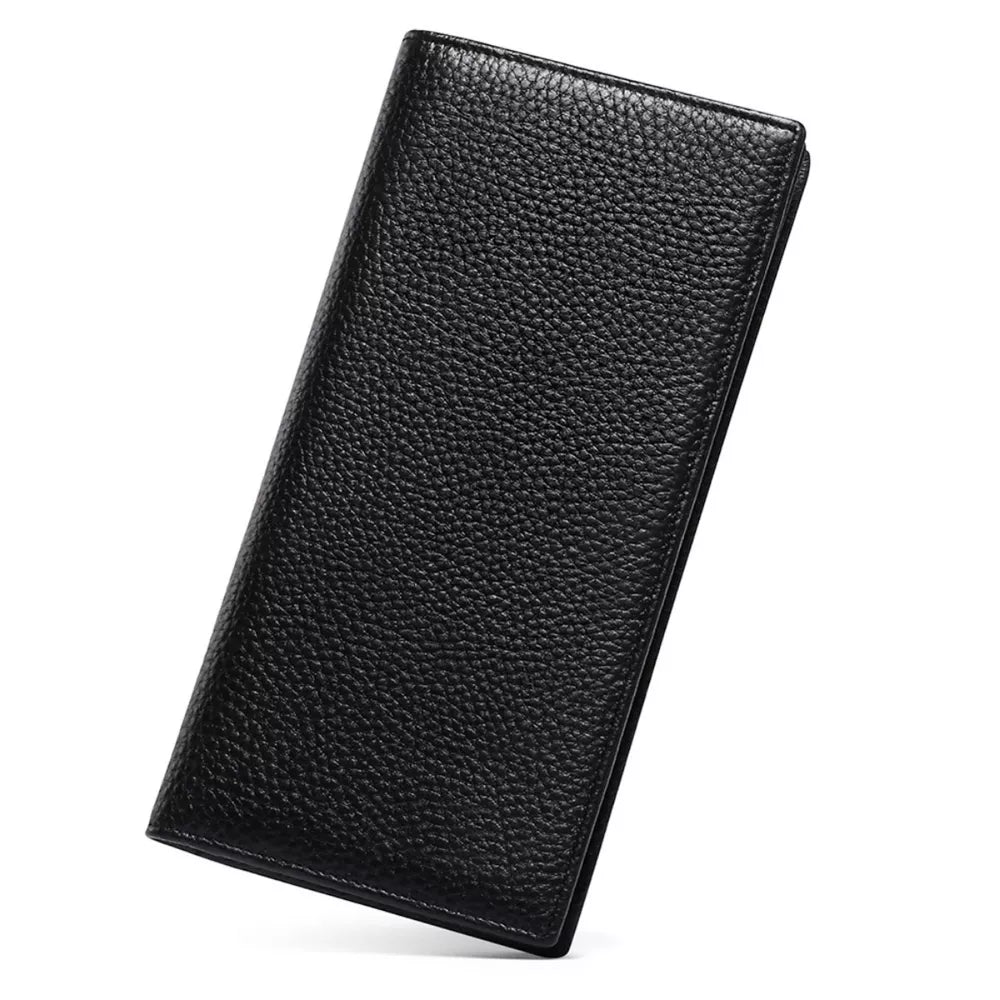 Black pebbled leather long wallet with a sleek design