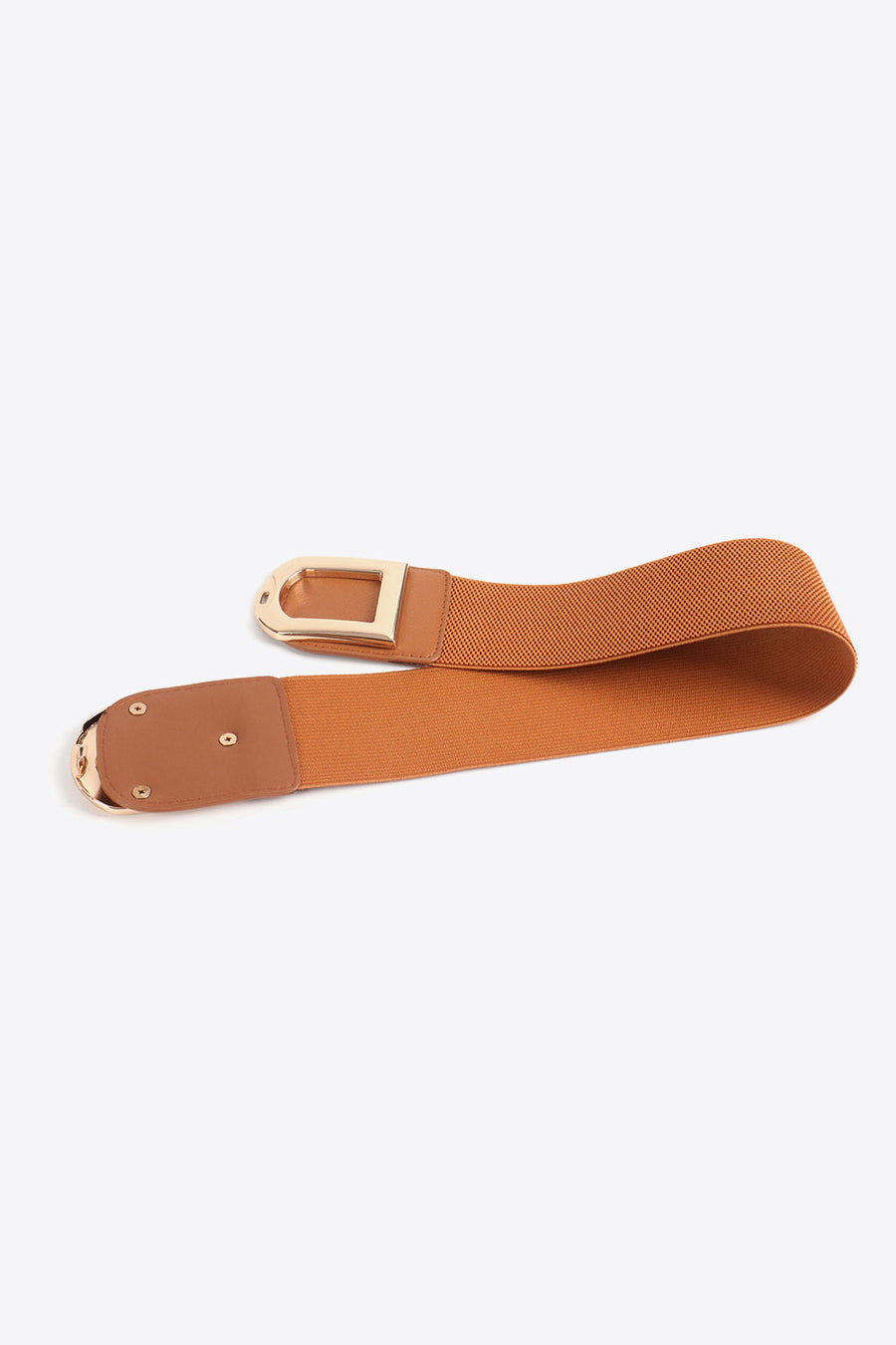 Caramel elastic belt with double gold buckles and faux leather accents.