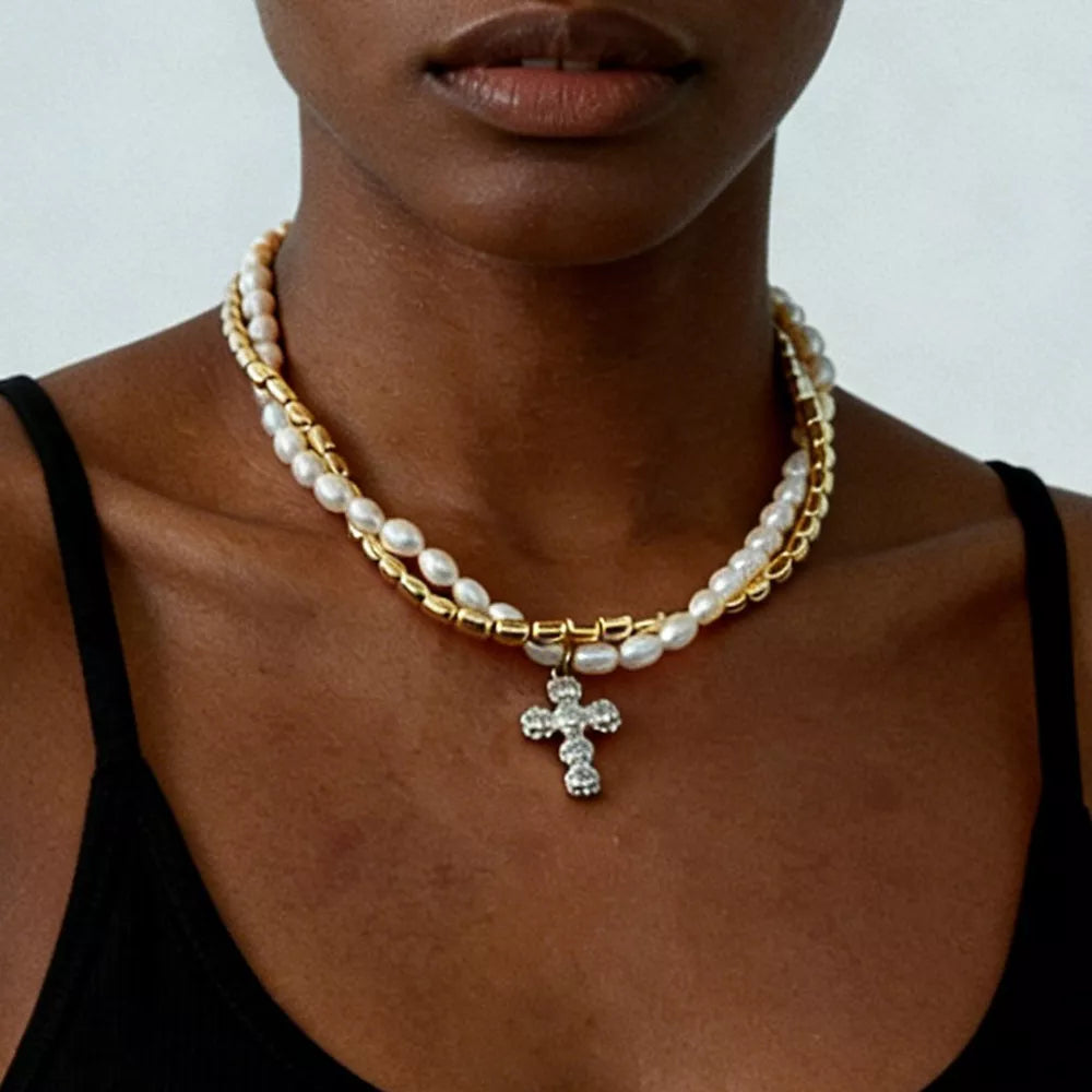 Silver Elegant Pearl Alloy Necklace With Rhinestone Cross Pendant
