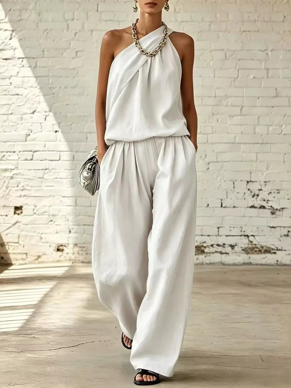 two-piece set in light gray featuring pocketed and relaxed fit