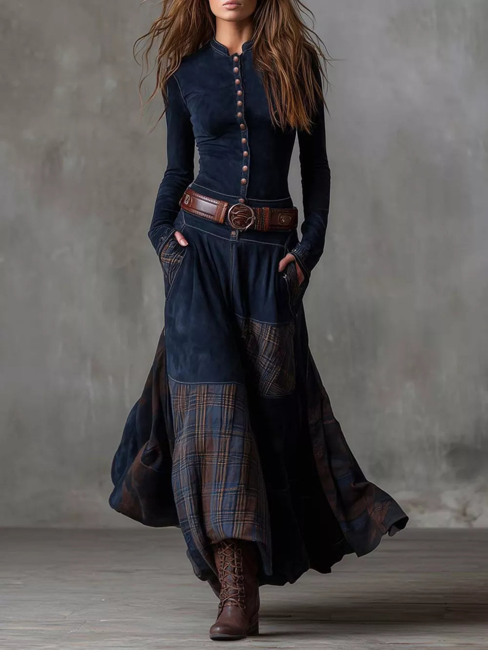 navy blue maxi dress with plaid and mandarin collar