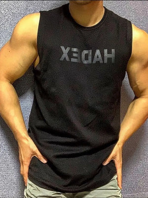 Black reversed logo muscle tank top with a crew neck and sleeveless design.