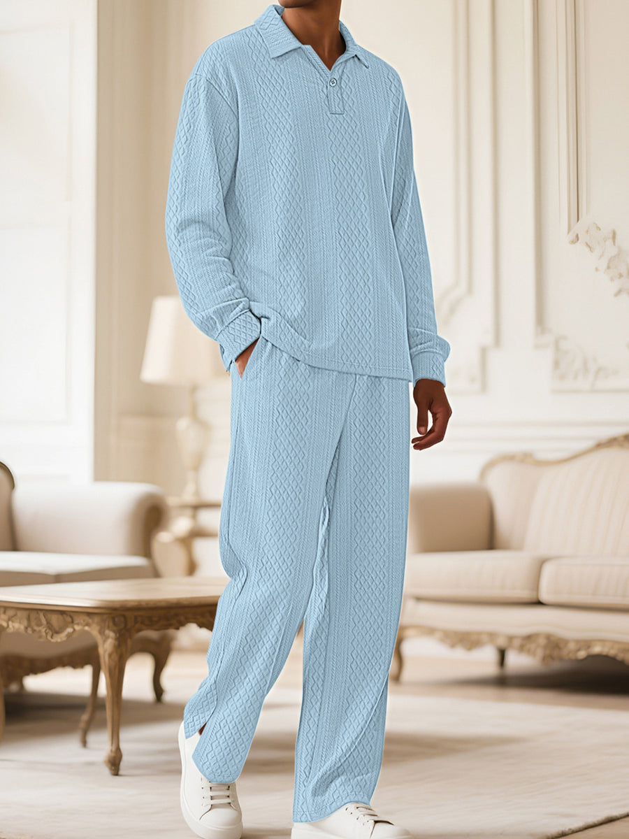 Khaki Men's Textured Long Sleeve Top And Pants Set