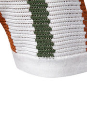 Textured stripe polo with open collar in white with burnt orange and green stripes.
