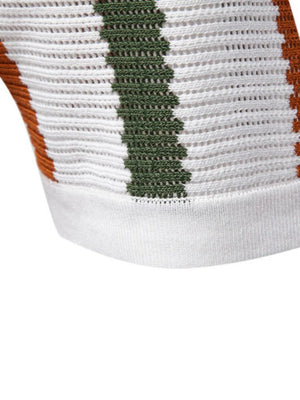 Textured stripe polo with open collar in white with burnt orange and green stripes.