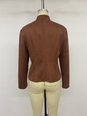 Vintage Stand Collar Cropped Jacket in Coffee Brown with decorative buttons