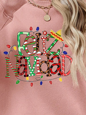 Feliz Navidad graphic sweatshirt in Blush Pink with festive lights and a sombrero.