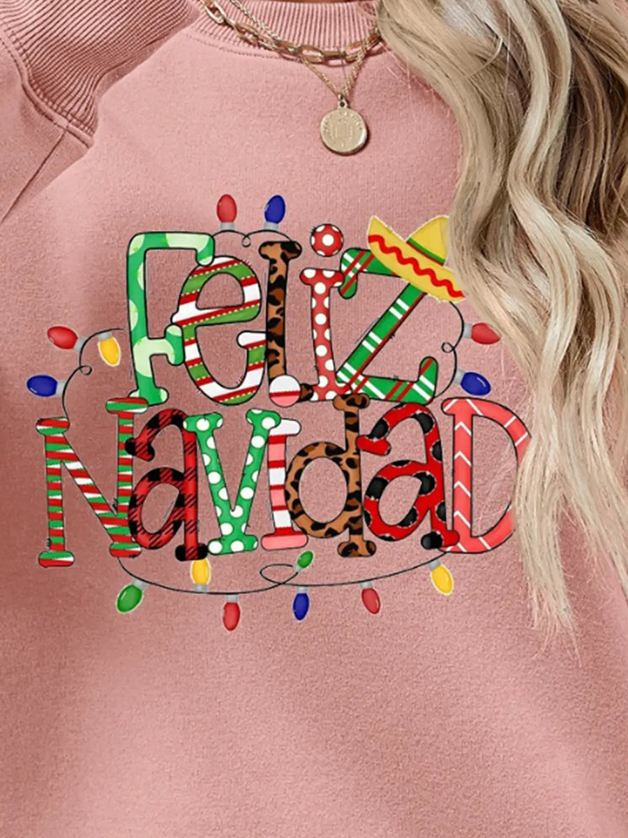 Feliz Navidad graphic sweatshirt in Blush Pink with festive lights and a sombrero.