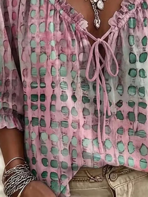 Full Size Tie Neck 3/4 Sleeve Blouse Plus Size in Sherbet, view 12