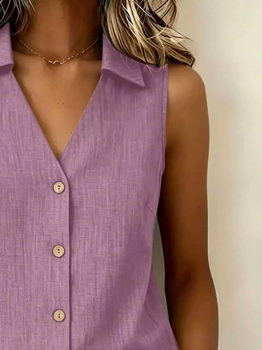 Full Size Button-up Sleeveless Collared Top in Black