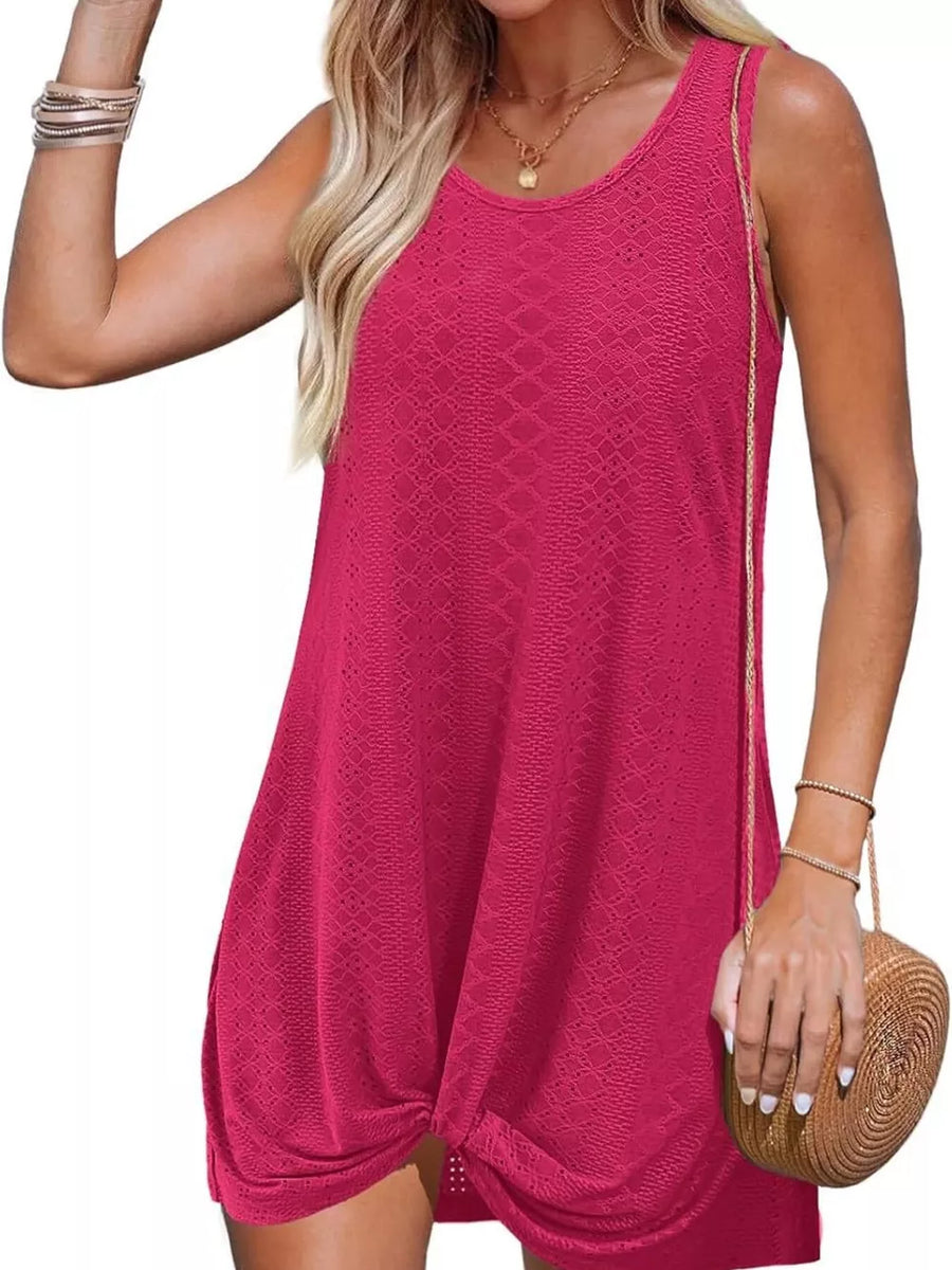 Rose eyelet tank dress with a twisted hem detail.