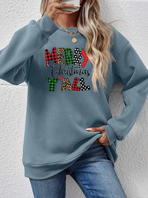 Festive graphic sweatshirt in Misty Blue with Merry Christmas Y'all mixed print.