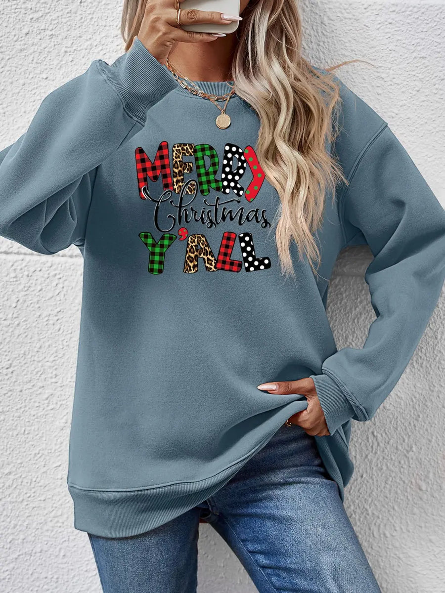 Festive graphic sweatshirt in Misty Blue with Merry Christmas Y'all mixed print.